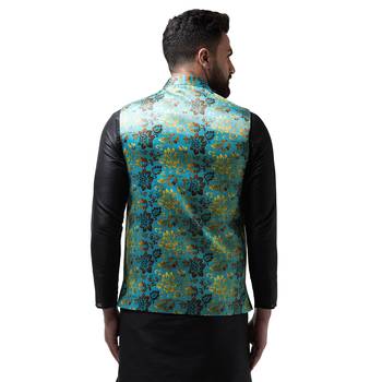 Blue Printed Satin Nehru Jacket 3
