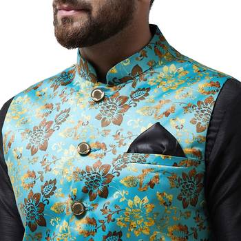 Blue Printed Satin Nehru Jacket 4
