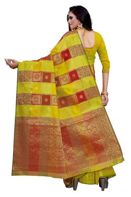 Lime woven silk blend saree with blouse 3