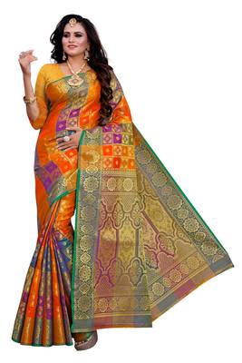 Orange woven silk blend saree with blouse 1