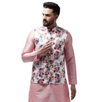 White Printed Satin Nehru Jacket 1