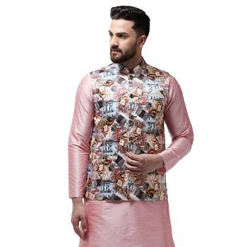 White Printed Satin Nehru Jacket 1