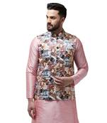 White Printed Satin Nehru Jacket