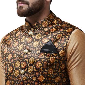 Black Printed Satin Nehru Jacket 4
