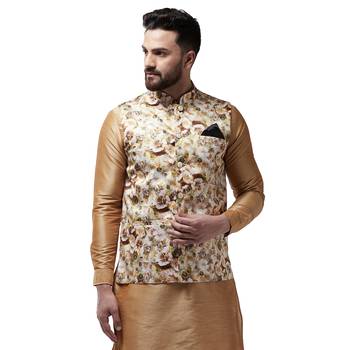 Beige Printed Satin Nehru Jacket 1