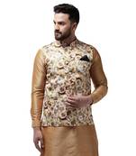 Beige Printed Satin Nehru Jacket