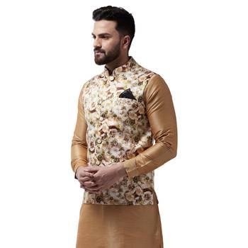 Beige Printed Satin Nehru Jacket 2