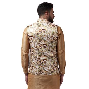 Beige Printed Satin Nehru Jacket 3