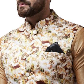 Beige Printed Satin Nehru Jacket 4