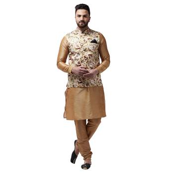 Beige Printed Satin Nehru Jacket 5