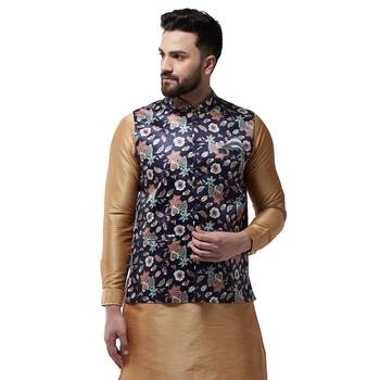 Blue Printed Satin Nehru Jacket 1