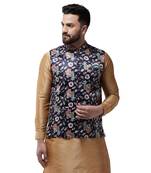 Blue Printed Satin Nehru Jacket