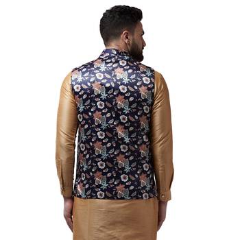 Blue Printed Satin Nehru Jacket 3