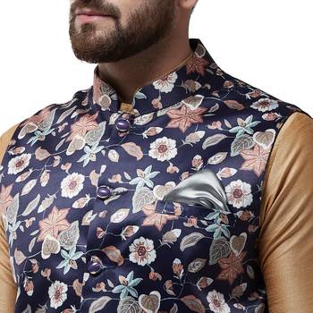 Blue Printed Satin Nehru Jacket 4