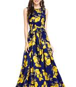 Blue printed crepe maxi-dresses