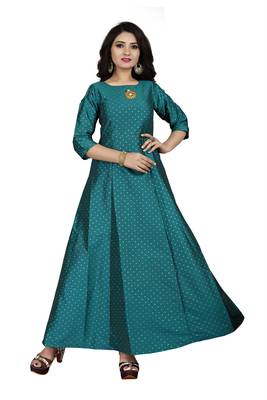 Turquoise printed silk blend maxi-dresses 1