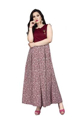 Maroon printed silk blend maxi-dresses 1