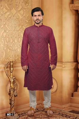 Maroon embroidered dupion silk men-kurtas 1