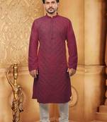 Maroon embroidered dupion silk men-kurtas