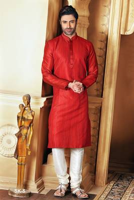 Red embroidered dupion silk men-kurtas 1