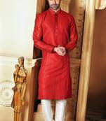 Red embroidered dupion silk men-kurtas