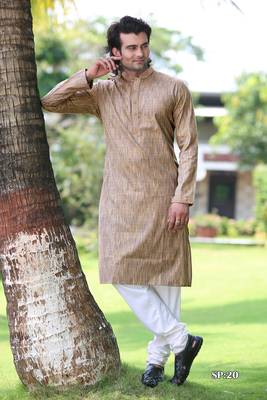 Beige plain poly cotton men-kurtas 1