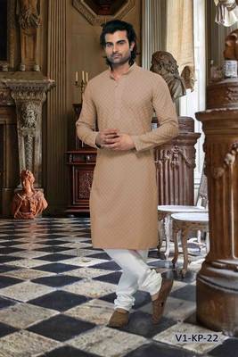 Beige embroidered poly cotton men-kurtas 1
