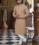 Beige embroidered poly cotton men-kurtas