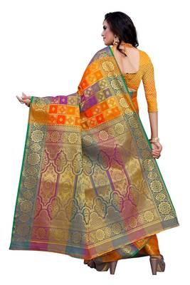 Orange woven silk blend saree with blouse 3