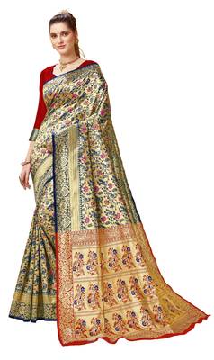 Blue woven art silk saree with blouse 1