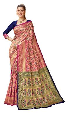 Pink woven art silk saree with blouse 1