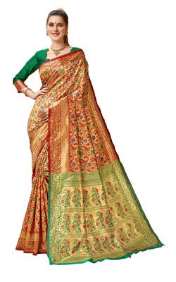 Red woven art silk saree with blouse 1