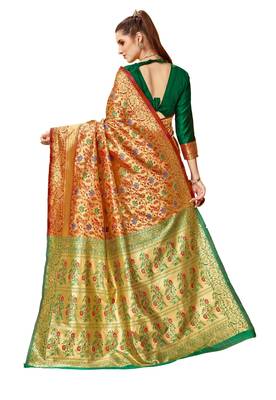 Red woven art silk saree with blouse 3