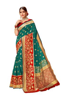 Green woven art silk saree with blouse 1