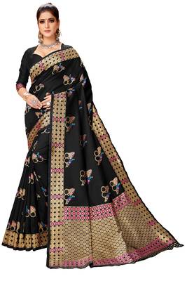Black woven art silk saree with blouse 1
