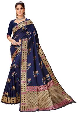 Navy blue woven art silk saree with blouse 1