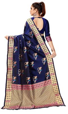Navy blue woven art silk saree with blouse 3