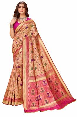 Pink woven art silk saree with blouse 1