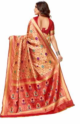 Red woven art silk saree with blouse 3