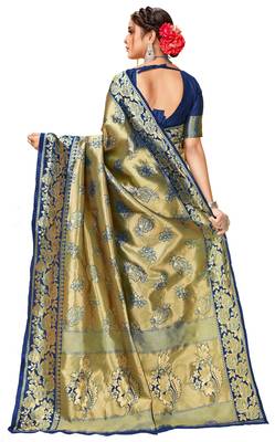 Navy blue woven art silk saree with blouse 3