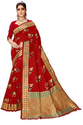 Red woven art silk saree with blouse 1