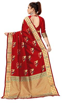 Red woven art silk saree with blouse 3