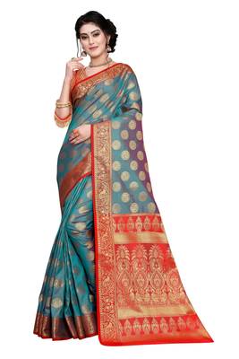 Womens Designer Blue  Banarasi  Saree With Designer Blouse 1
