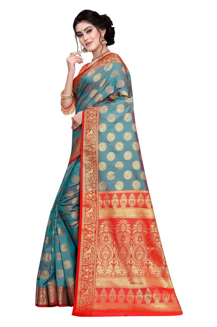 Womens Designer Blue  Banarasi  Saree With Designer Blouse