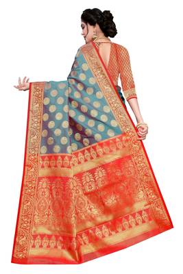 Womens Designer Blue  Banarasi  Saree With Designer Blouse 3