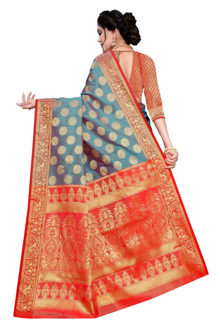 Womens Designer Blue  Banarasi  Saree With Designer Blouse