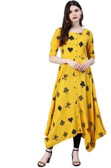 Yellow printed rayon cotton-kurtis