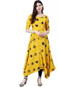Yellow printed rayon cotton-kurtis