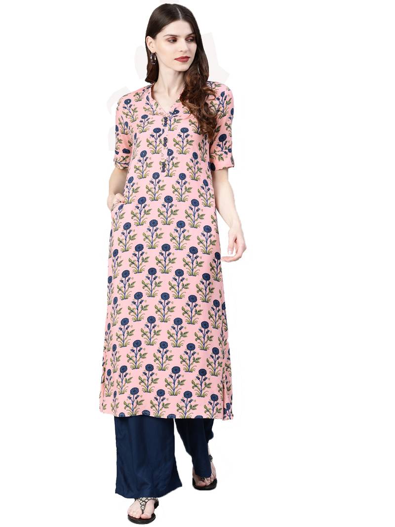 Baby-pink printed rayon party-wear-kurtis