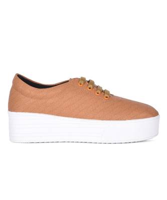 Women Tan Synthetic Leather Sneakers 2